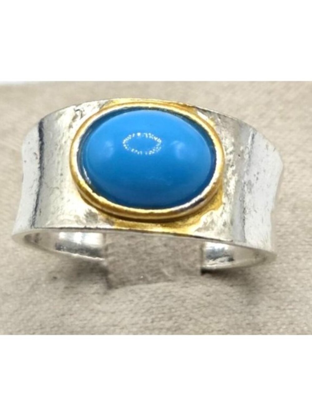 Silver Tone Ring With Bezel Set Blue Stone & Gold Tone Accent - Size 9